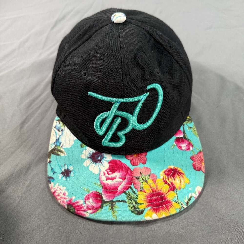 Black Floral Brim Snapback Hat Tropical Streetwear Teal Logo Cap